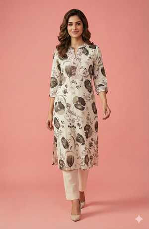 Comfortable Dark Grey Floral Printed Viscose Blend Straight Fit Kurti