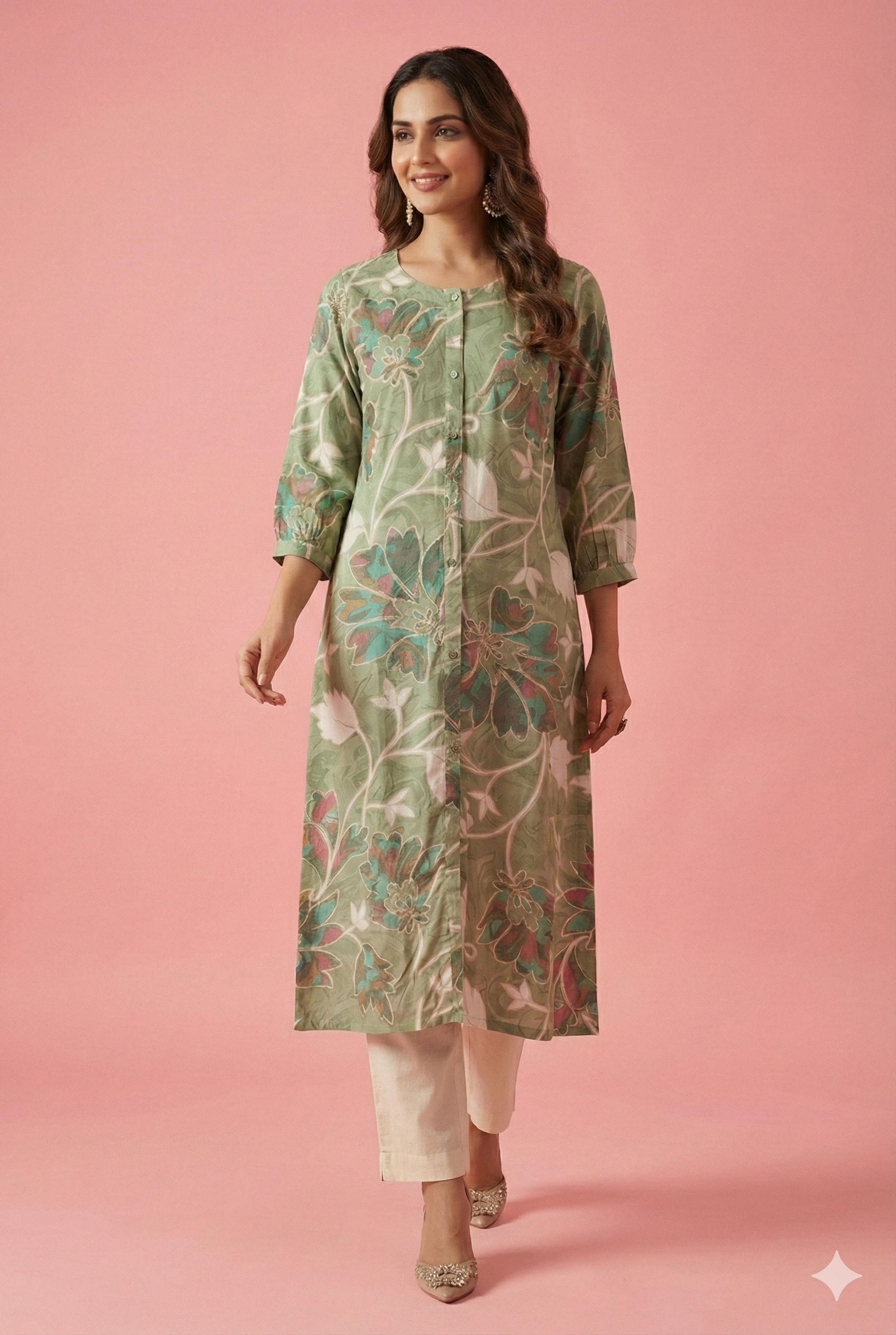 Green Floral Printed Rayon Kurti with Subtle Foil Detailing and A-Line Fit