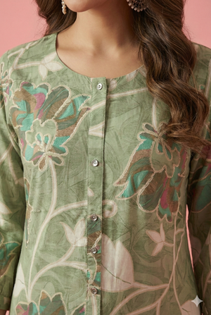 Green Floral Printed Rayon Kurti with Subtle Foil Detailing and A-Line Fit