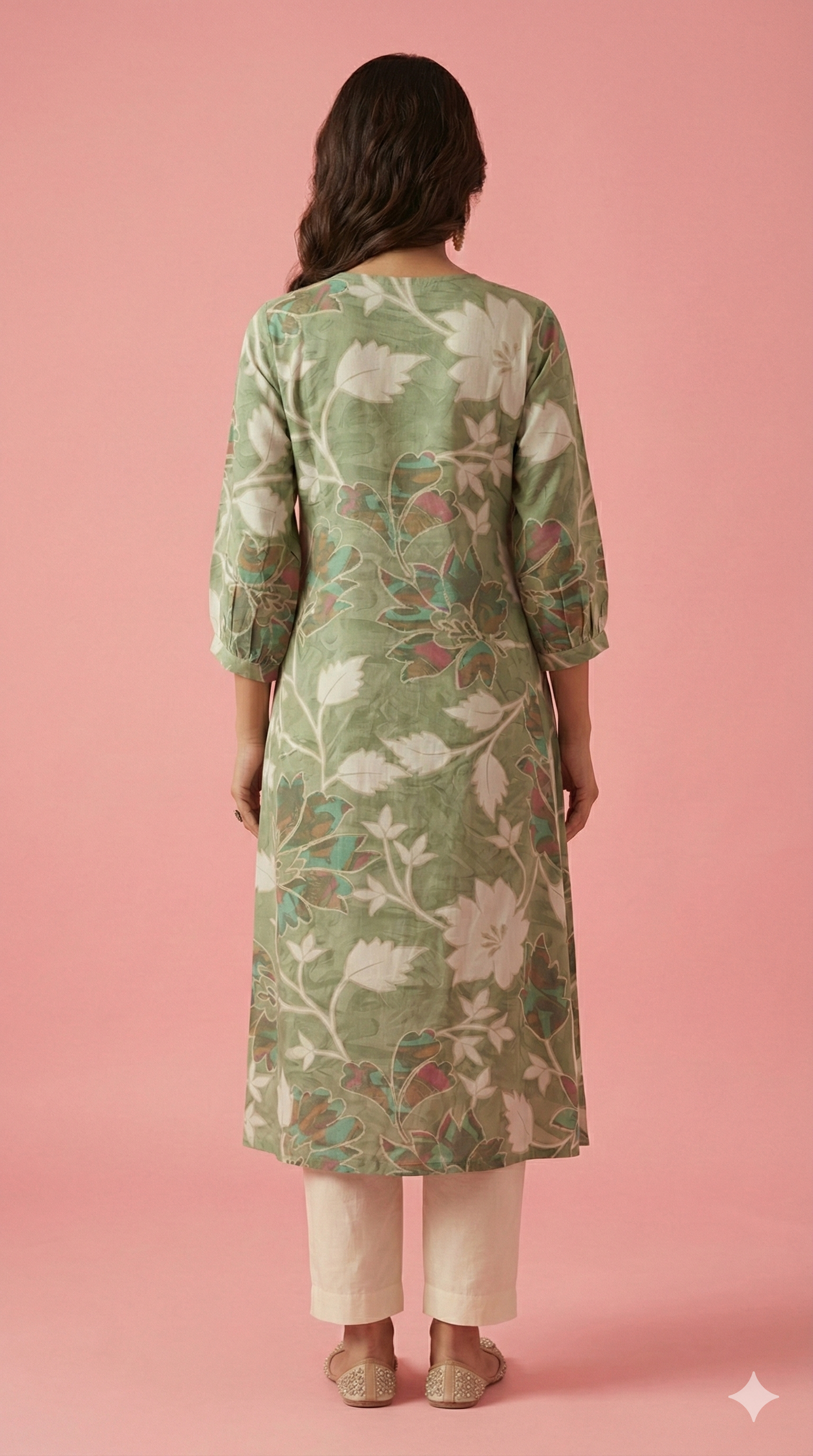 Green Floral Printed Rayon Kurti with Subtle Foil Detailing and A-Line Fit