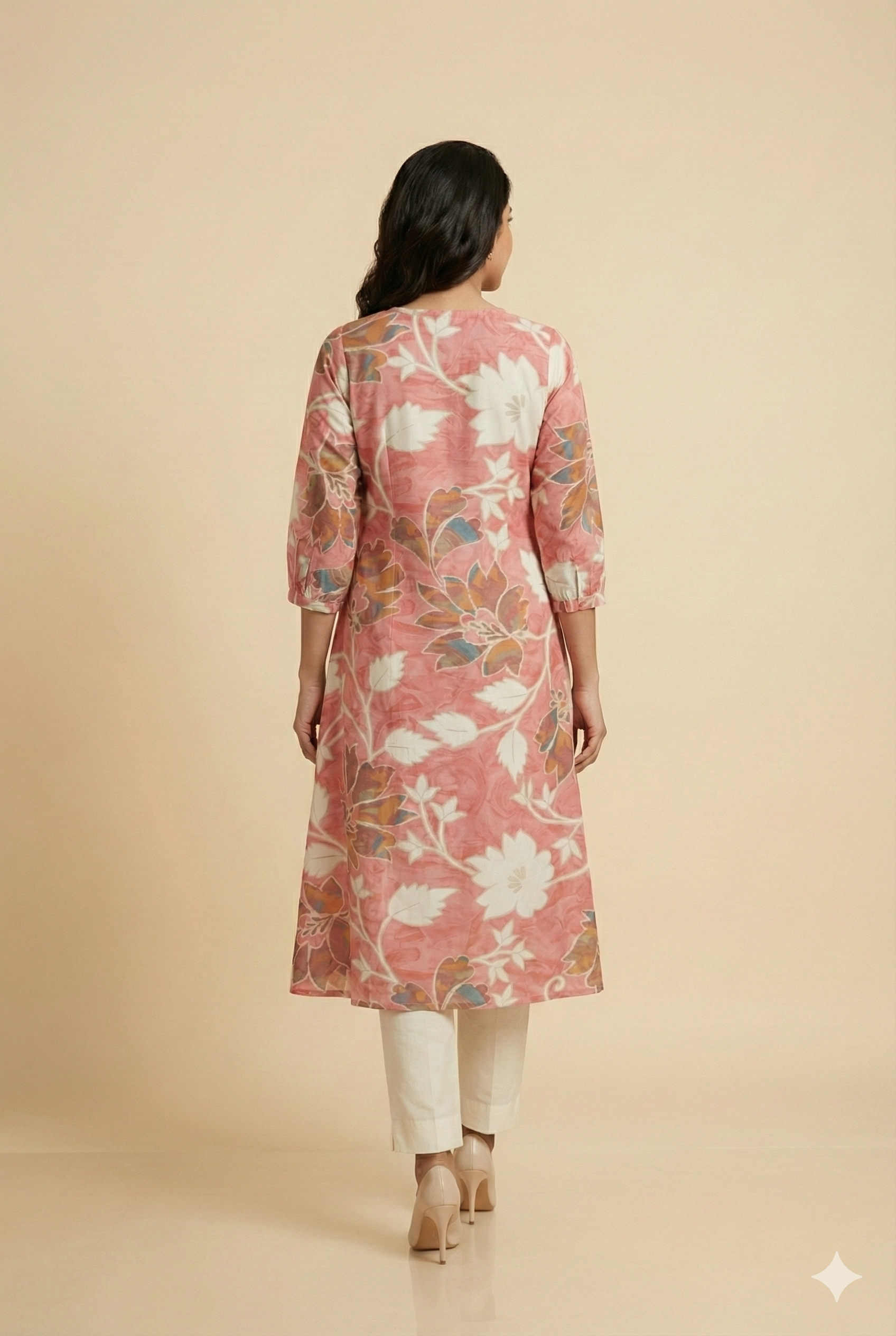 Pink Floral Printed Rayon Kurti with Subtle Foil Detailing and A-Line Fit