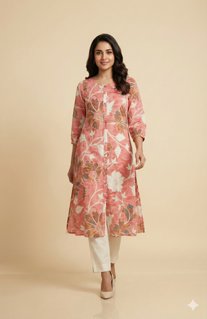 Pink Floral Printed Rayon Kurti with Subtle Foil Detailing and A-Line Fit