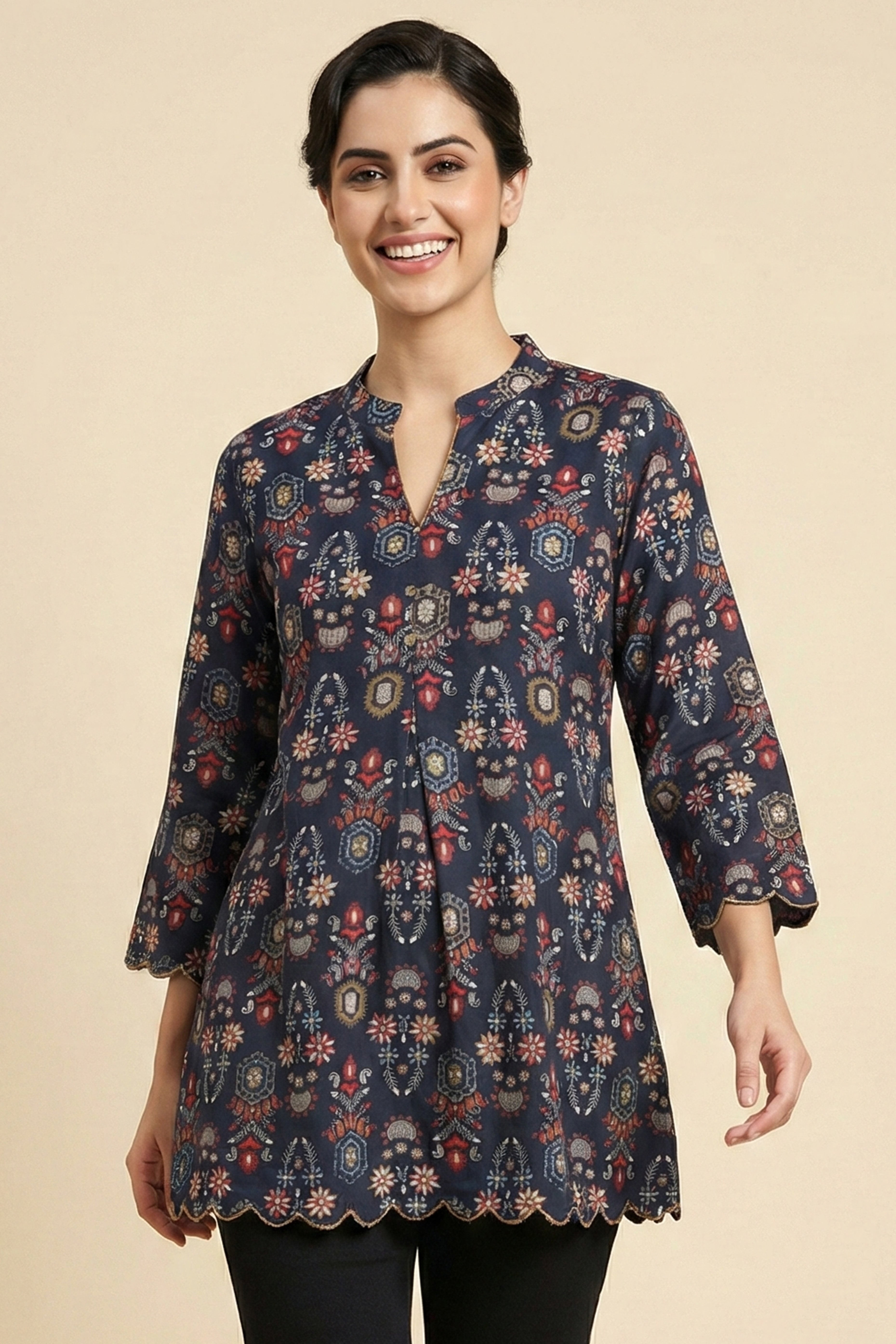 Blue Floral Printed Rayon Kurti Top with Clean Straight Cut and Short Length