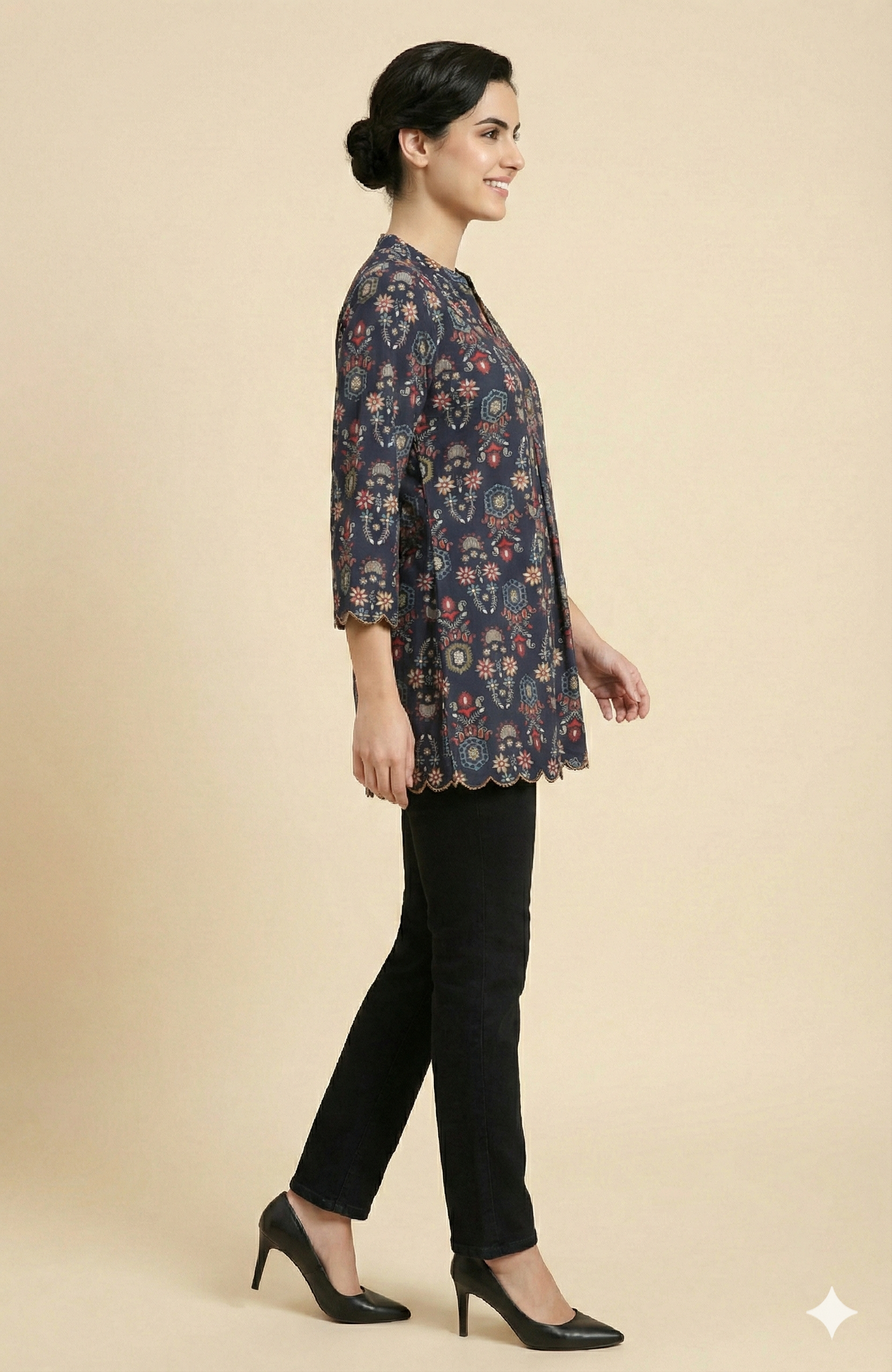 Blue Floral Printed Rayon Kurti Top with Clean Straight Cut and Short Length