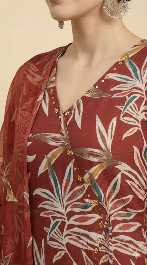 Red Floral Foil Printed Viscose Salwar Suit in Angrakha Design