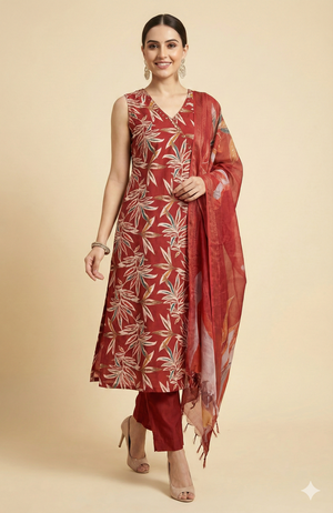 Red Floral Foil Printed Viscose Salwar Suit in Angrakha Design