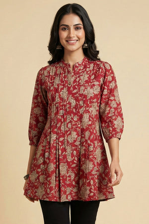 Soft Viscose Red Floral Printed A-Line Top for Comfortable Casual Wear