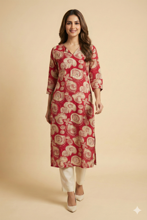 Pink Floral Printed Rayon Straight Cut Kurti with Soft Fabric and Modern Appeal