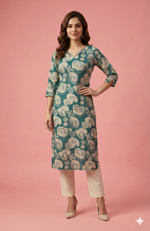 Teal Floral Printed Rayon Straight Cut Kurti with Soft Fabric and Modern Appeal