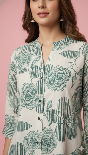 Green Floral Printed Rayon A-Line Top with Fresh Floral Look