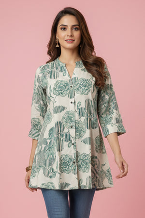 Green Floral Printed Rayon A-Line Top with Fresh Floral Look