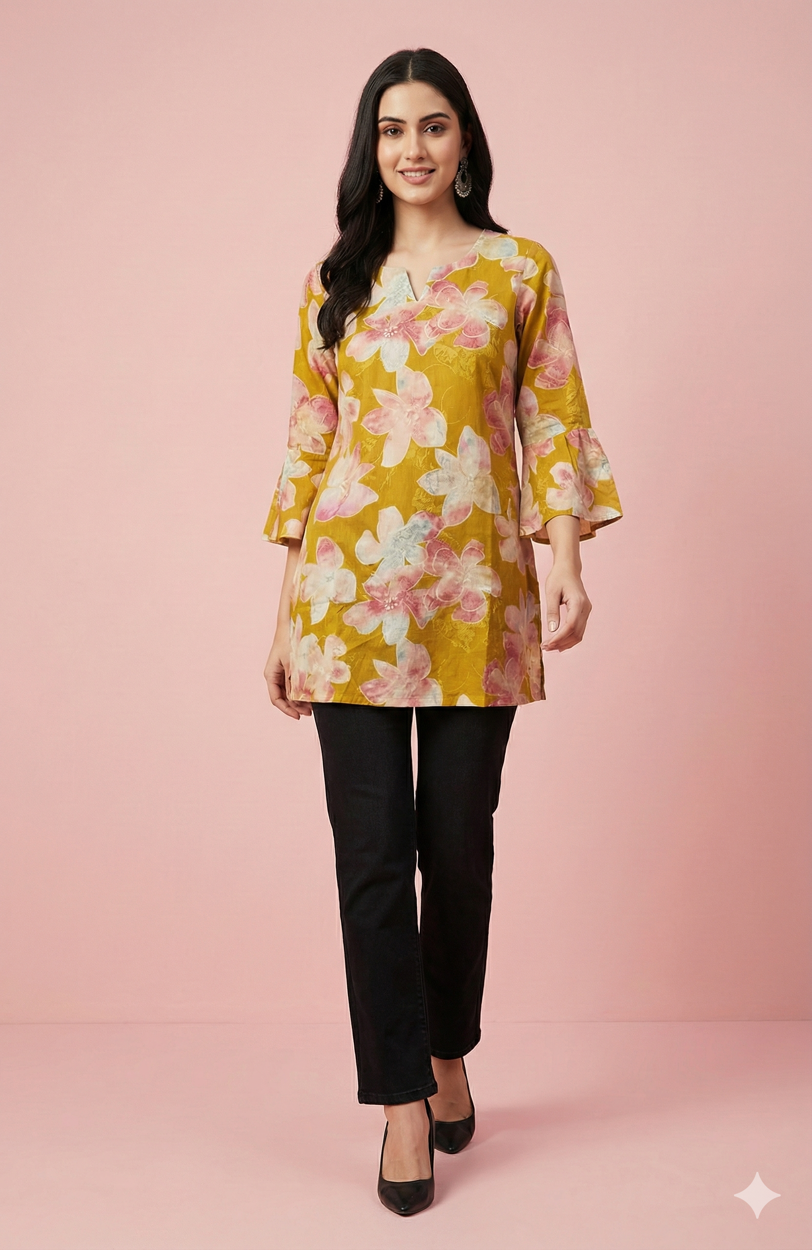 Green Floral Printed Rayon Short Straight Cut Top Designed for Effortless Everyday Style