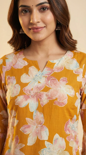 Mustard Floral Printed Rayon Short Straight Cut Top Designed for Effortless Everyday Style