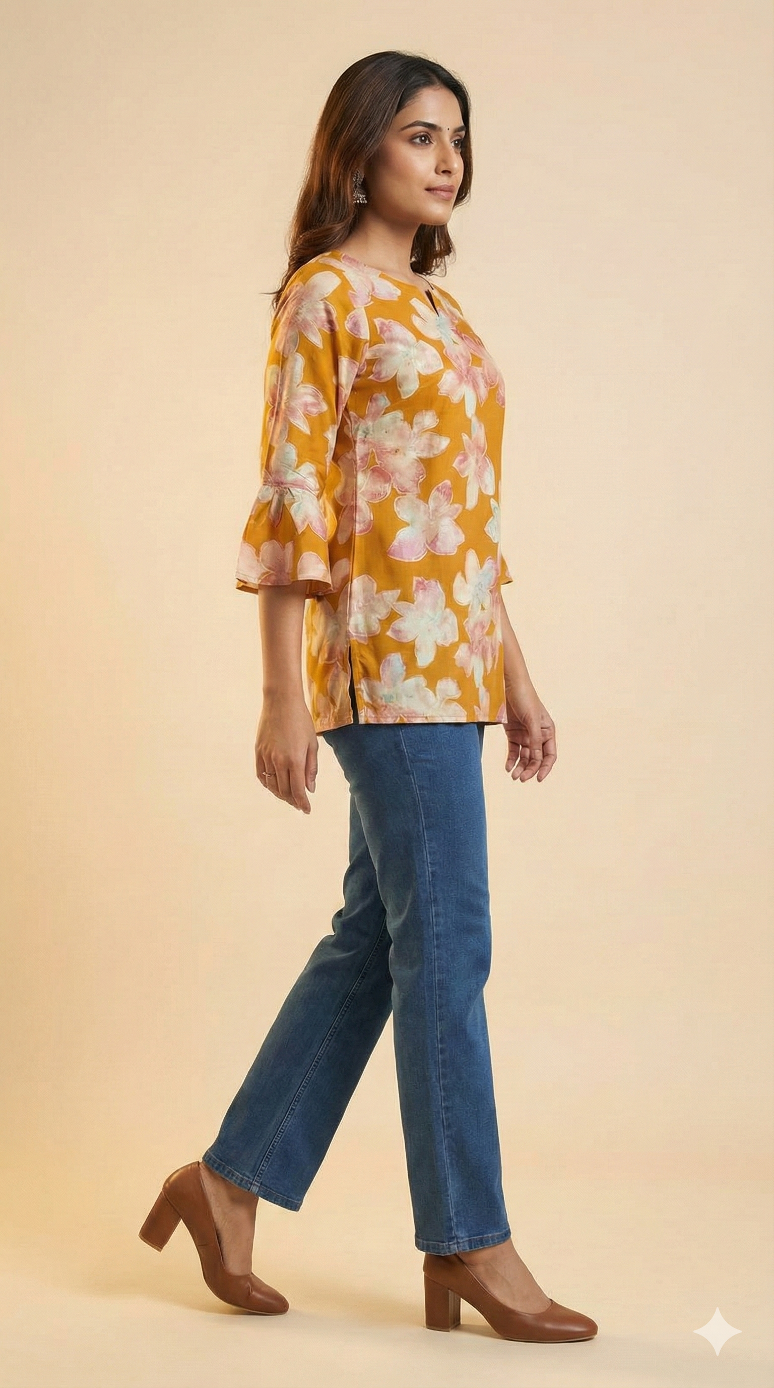 Mustard Floral Printed Rayon Short Straight Cut Top Designed for Effortless Everyday Style