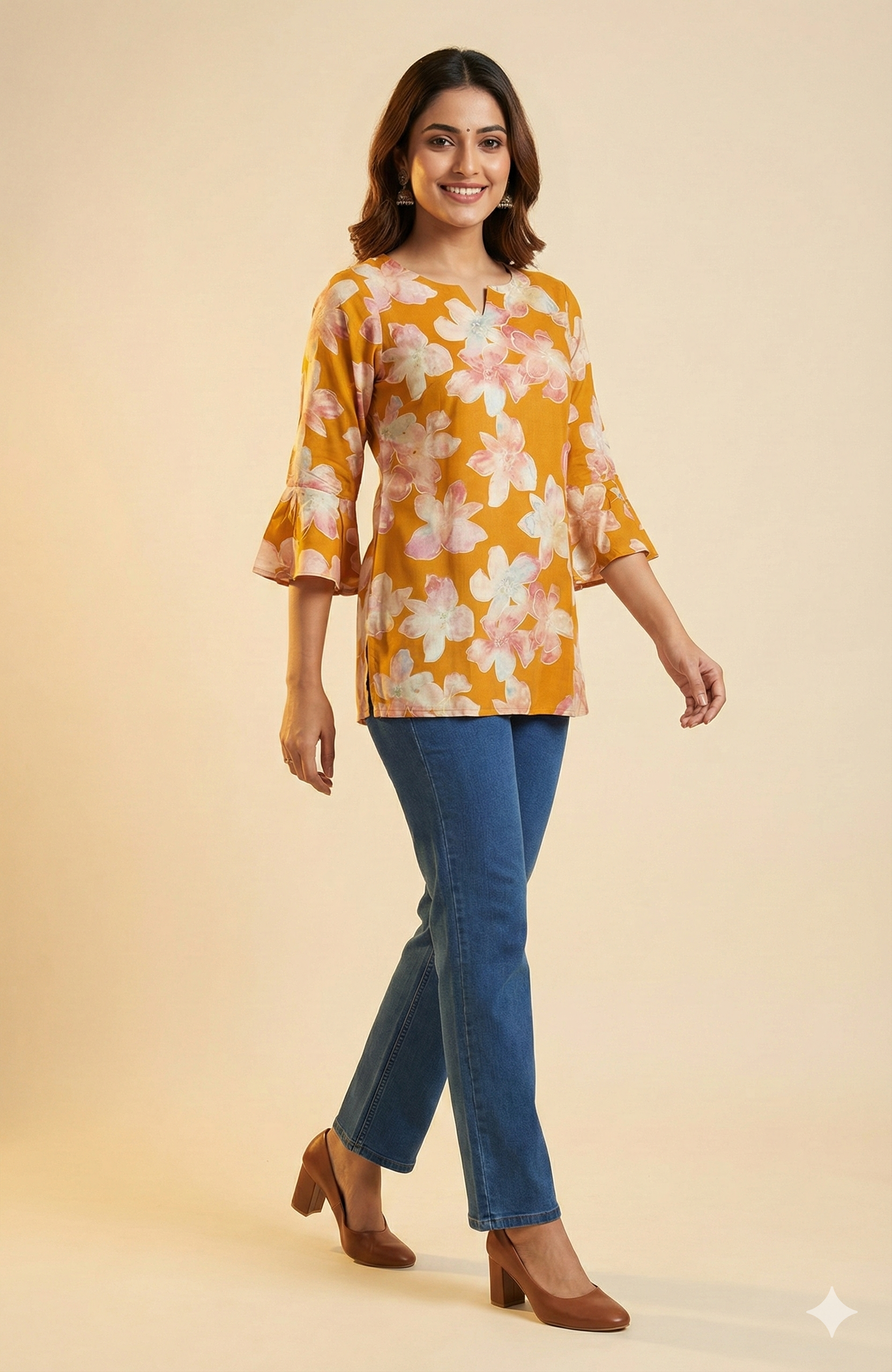 Mustard Floral Printed Rayon Short Straight Cut Top Designed for Effortless Everyday Style