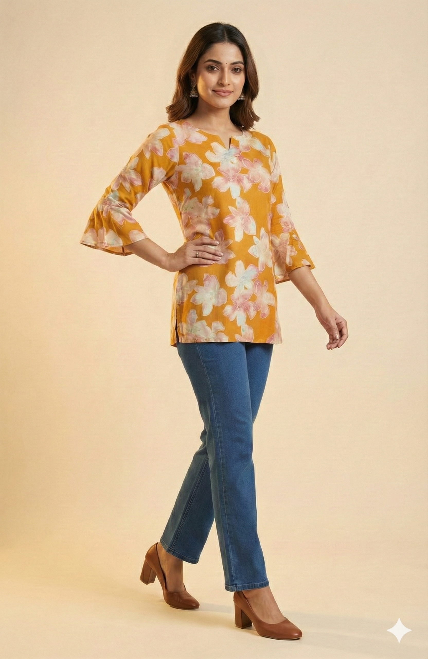 Mustard Floral Printed Rayon Short Straight Cut Top Designed for Effortless Everyday Style