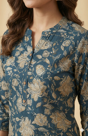 Navy Blue Floral Printed Viscose Straight-Fit Kurti for Office and Casual Wear