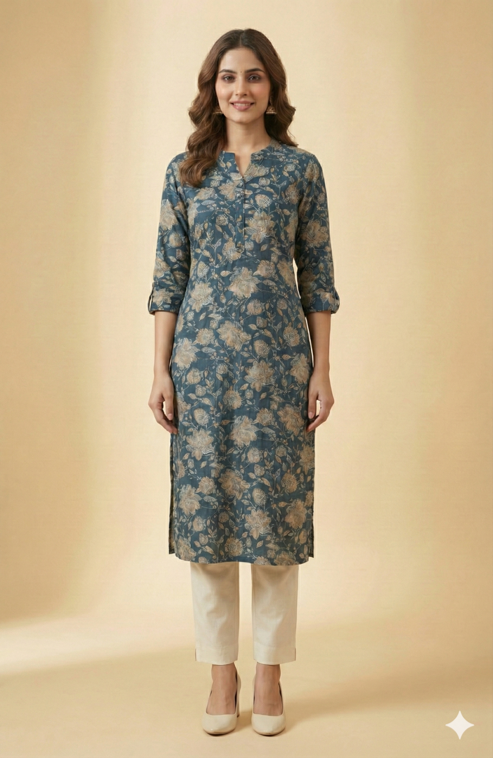 Navy Blue Floral Printed Viscose Straight-Fit Kurti for Office and Casual Wear