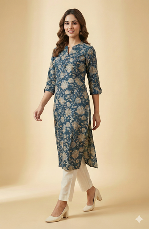 Navy Blue Floral Printed Viscose Straight-Fit Kurti for Office and Casual Wear