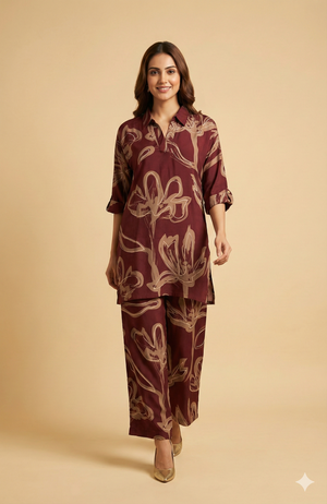Wine Floral Printed Rayon Shirt-Style Top and Bottom Set for Casual Outings and Relaxed Styling