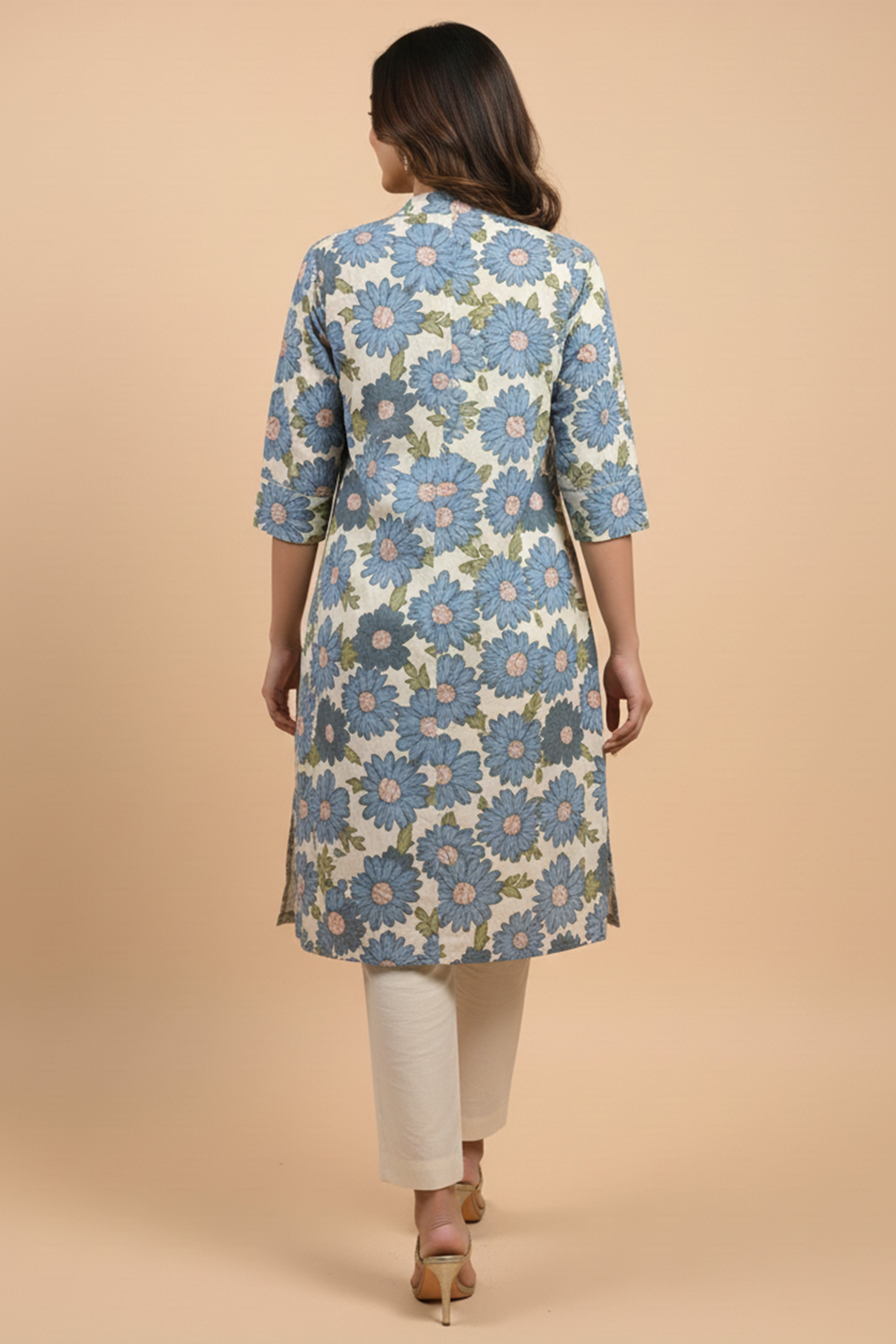 Off White & Blue Pure Cotton Co-Ord Set Featuring a Floral Print Waistcoat