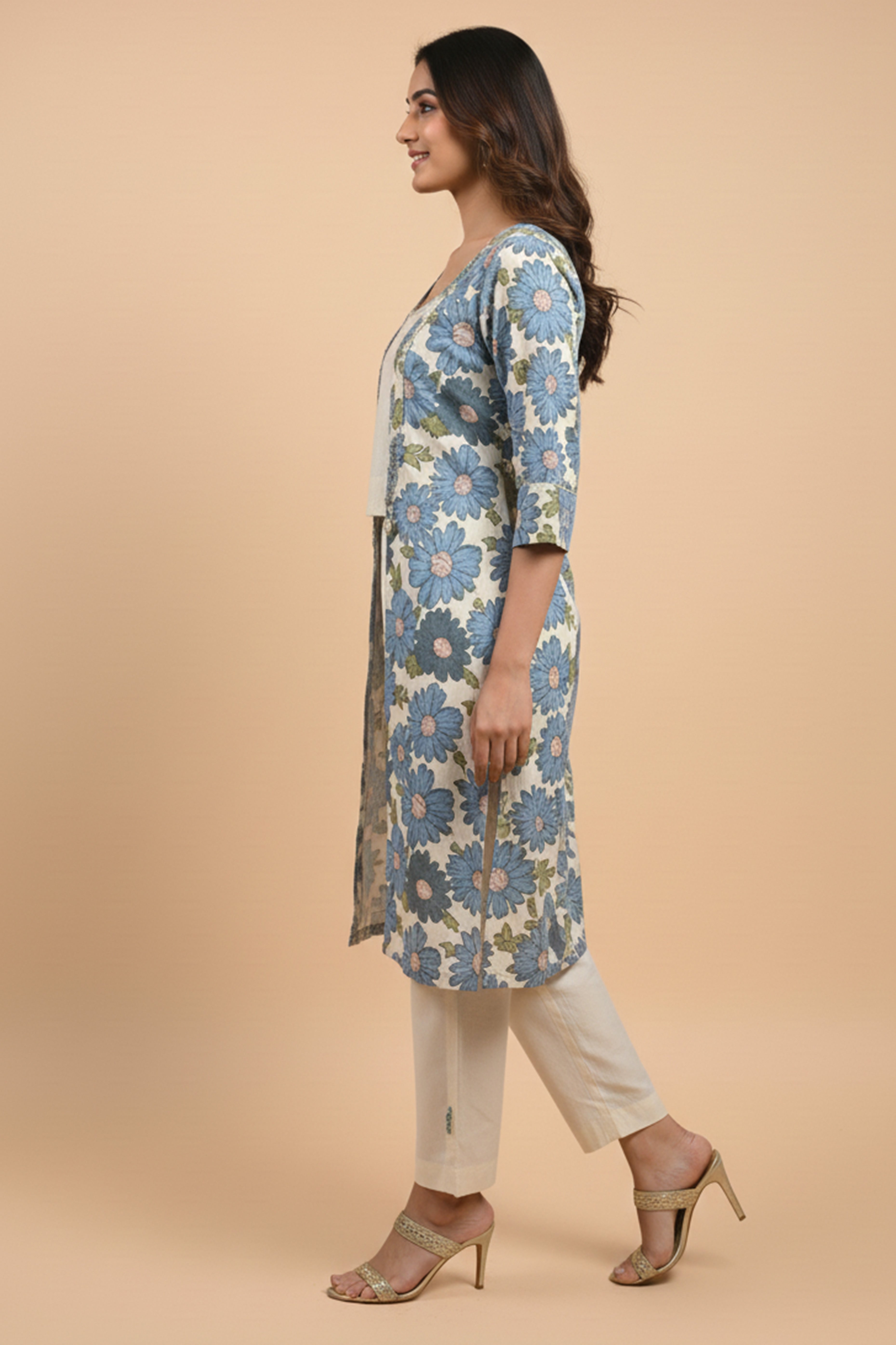 Off White & Blue Pure Cotton Co-Ord Set Featuring a Floral Print Waistcoat