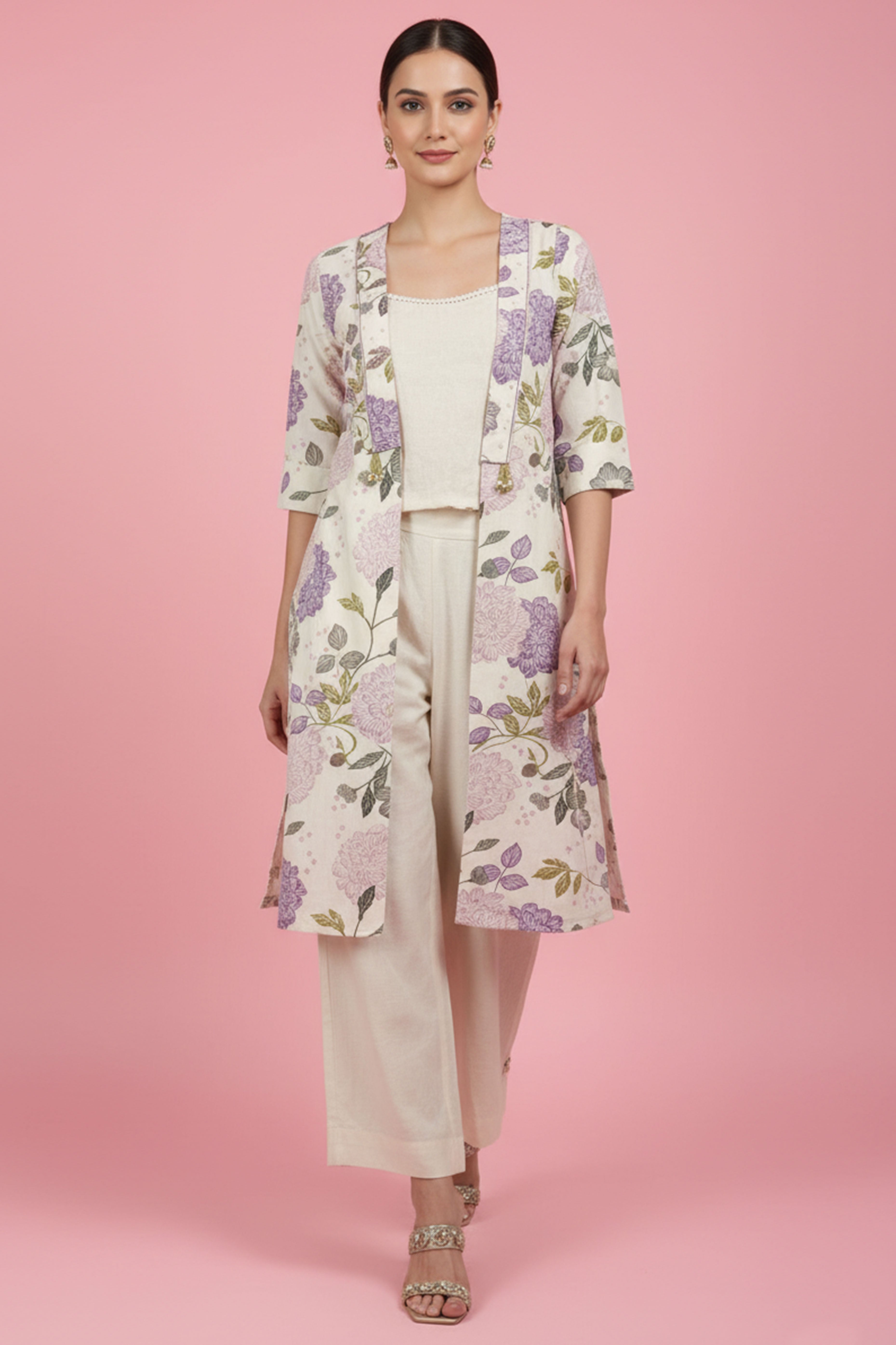 Off White & Purple Pure Cotton Co-Ord Set Featuring a Floral Print Waistcoat