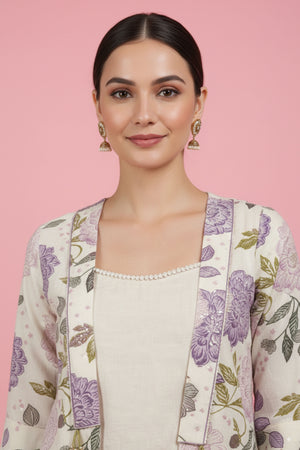 Off White & Purple Pure Cotton Co-Ord Set Featuring a Floral Print Waistcoat