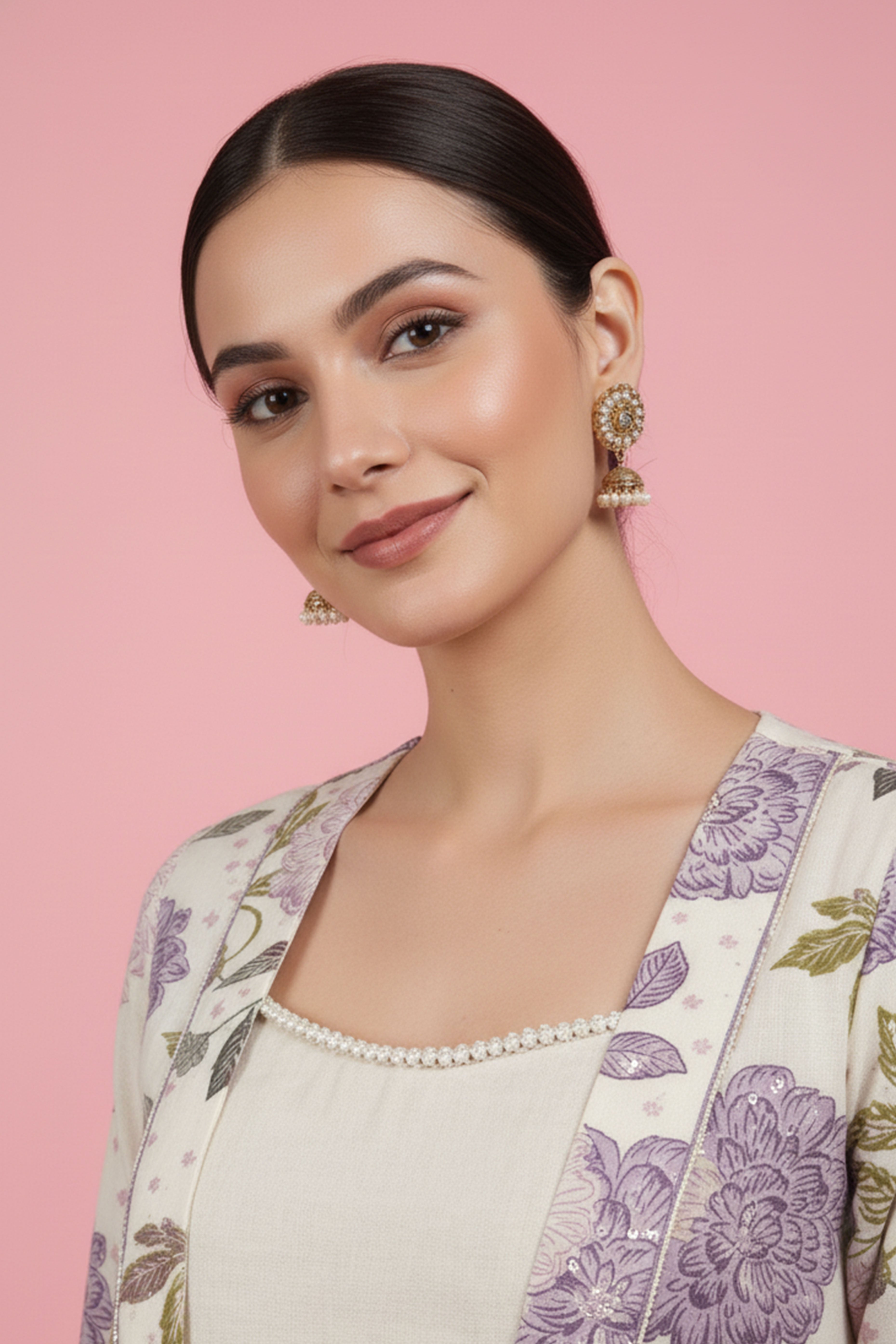 Off White & Purple Pure Cotton Co-Ord Set Featuring a Floral Print Waistcoat