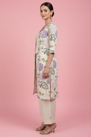 Off White & Purple Pure Cotton Co-Ord Set Featuring a Floral Print Waistcoat