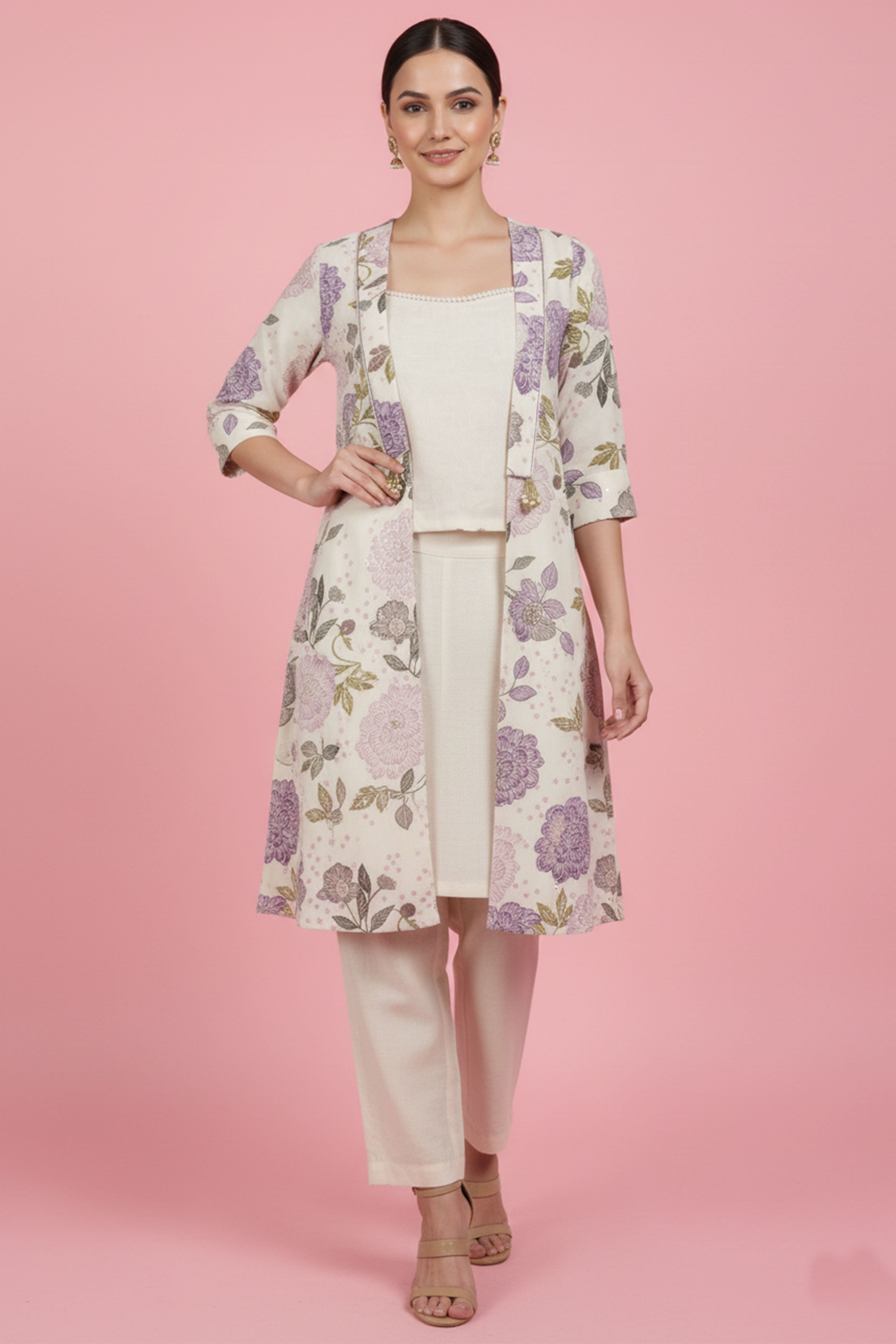 Off White & Purple Pure Cotton Co-Ord Set Featuring a Floral Print Waistcoat