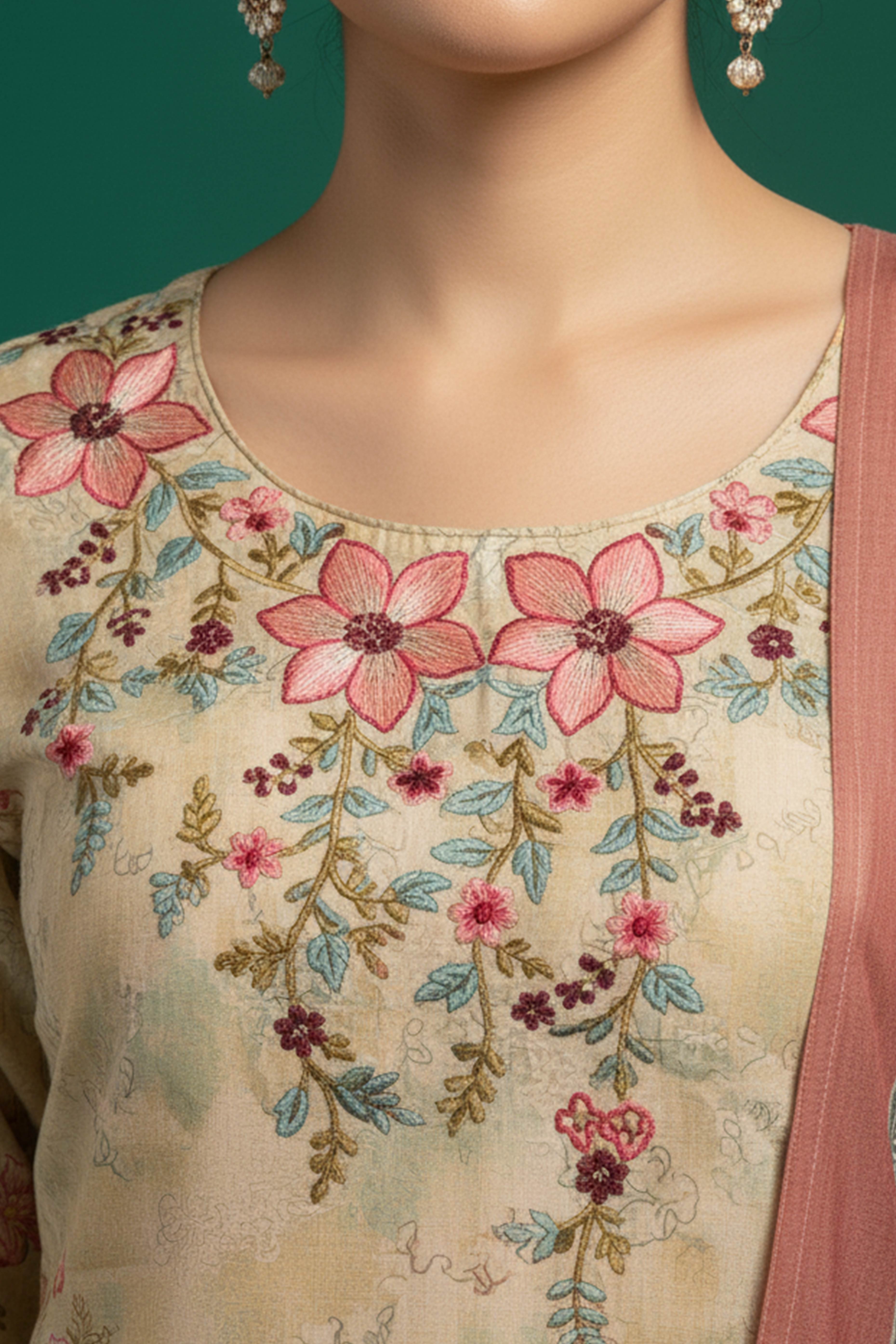 Sophisticated Beige Cotton Straight Suit with Beautiful Embroidered Florals