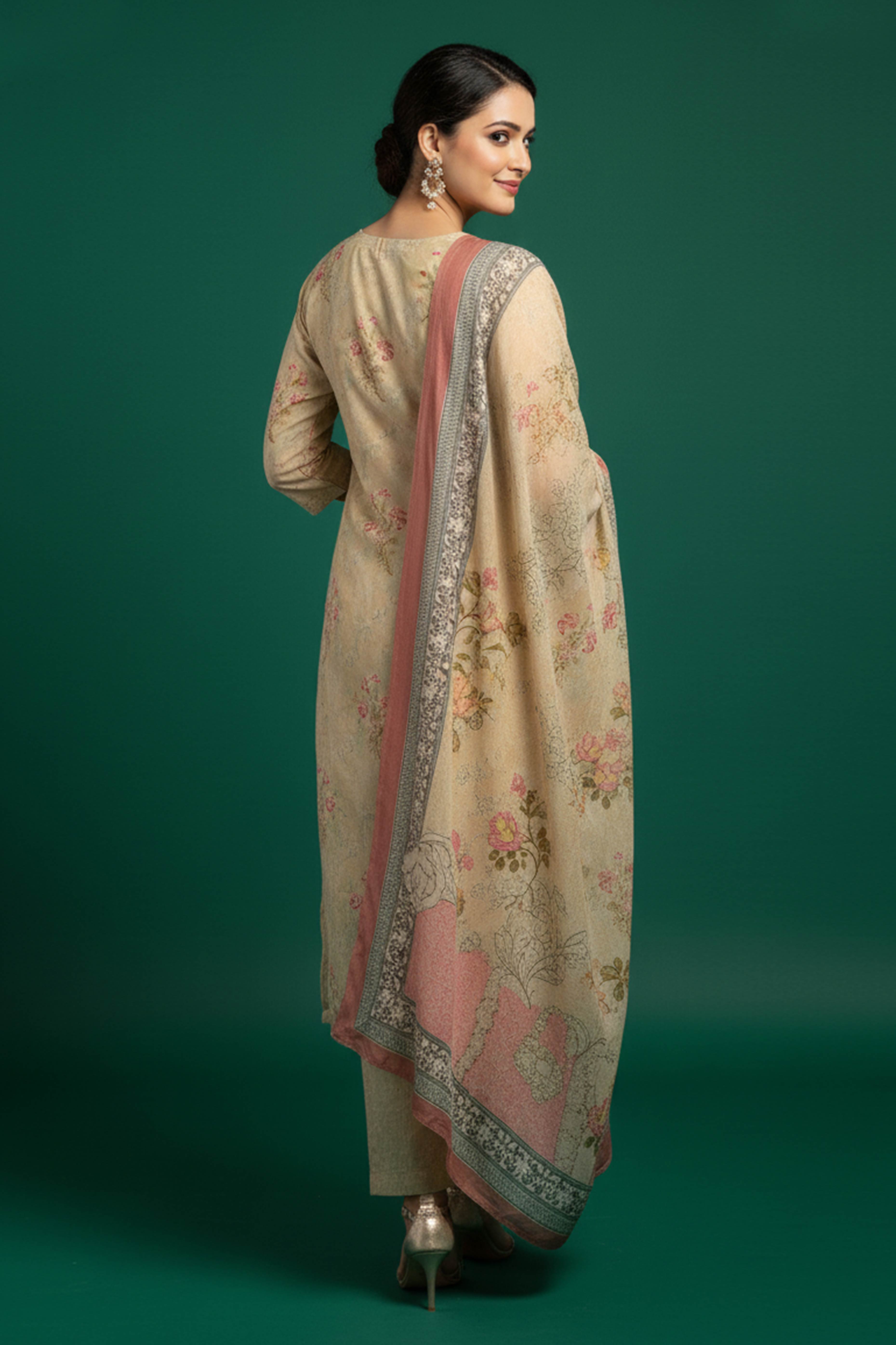Sophisticated Beige Cotton Straight Suit with Beautiful Embroidered Florals