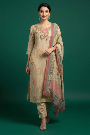 Sophisticated Beige Cotton Straight Suit with Beautiful Embroidered Florals