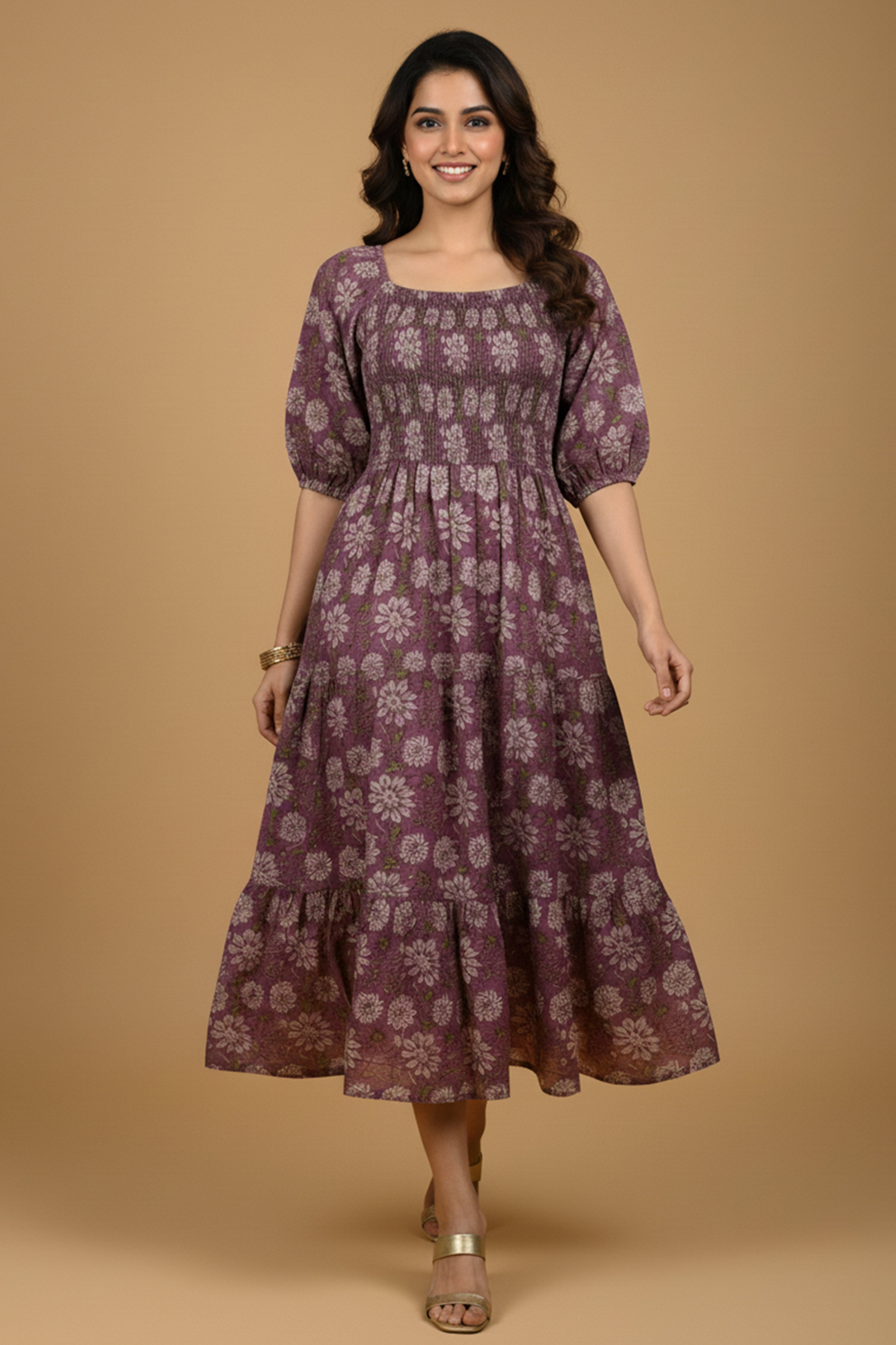 Dark Purple Floral Printed Pure Cotton Smoky Dress