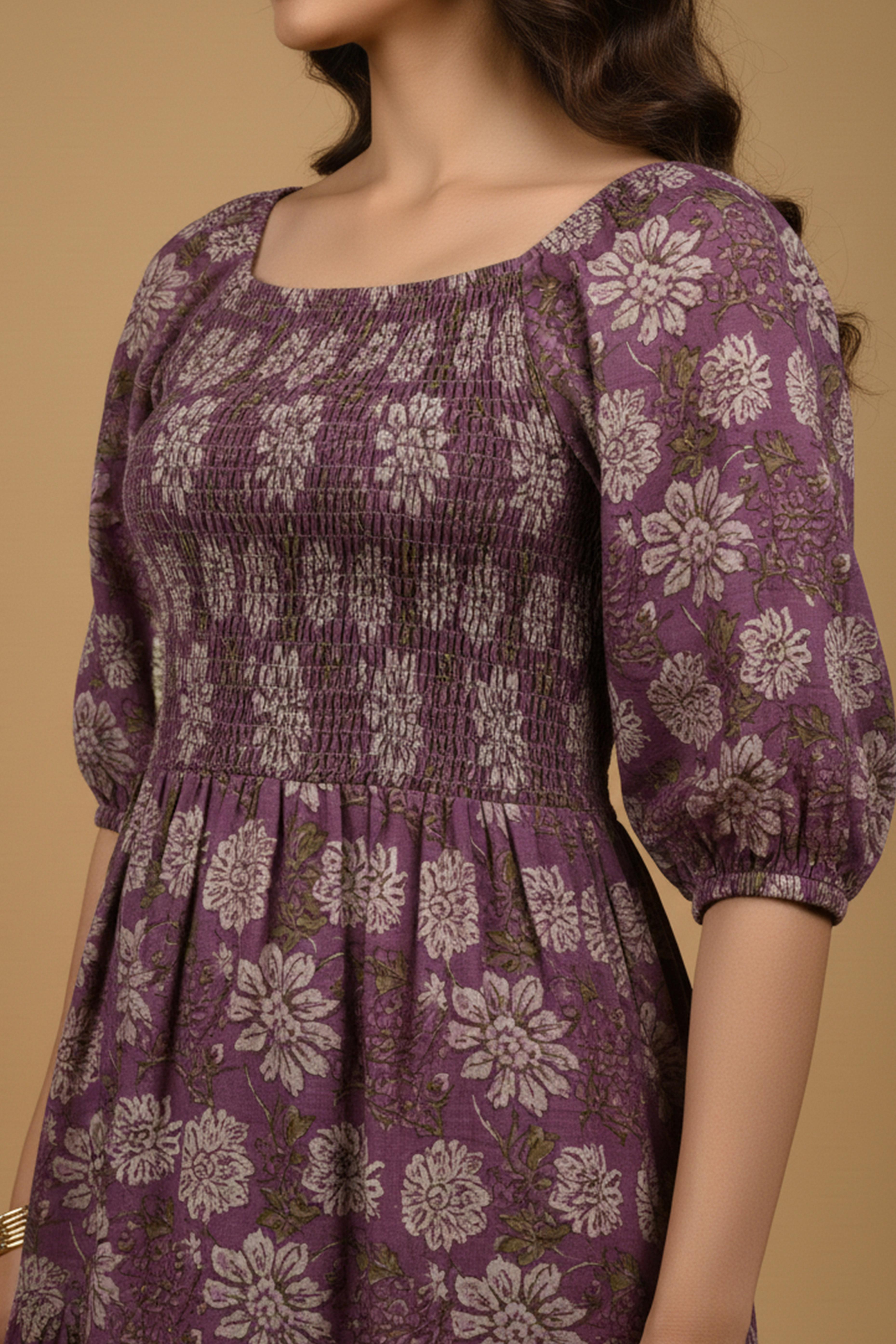 Dark Purple Floral Printed Pure Cotton Smoky Dress