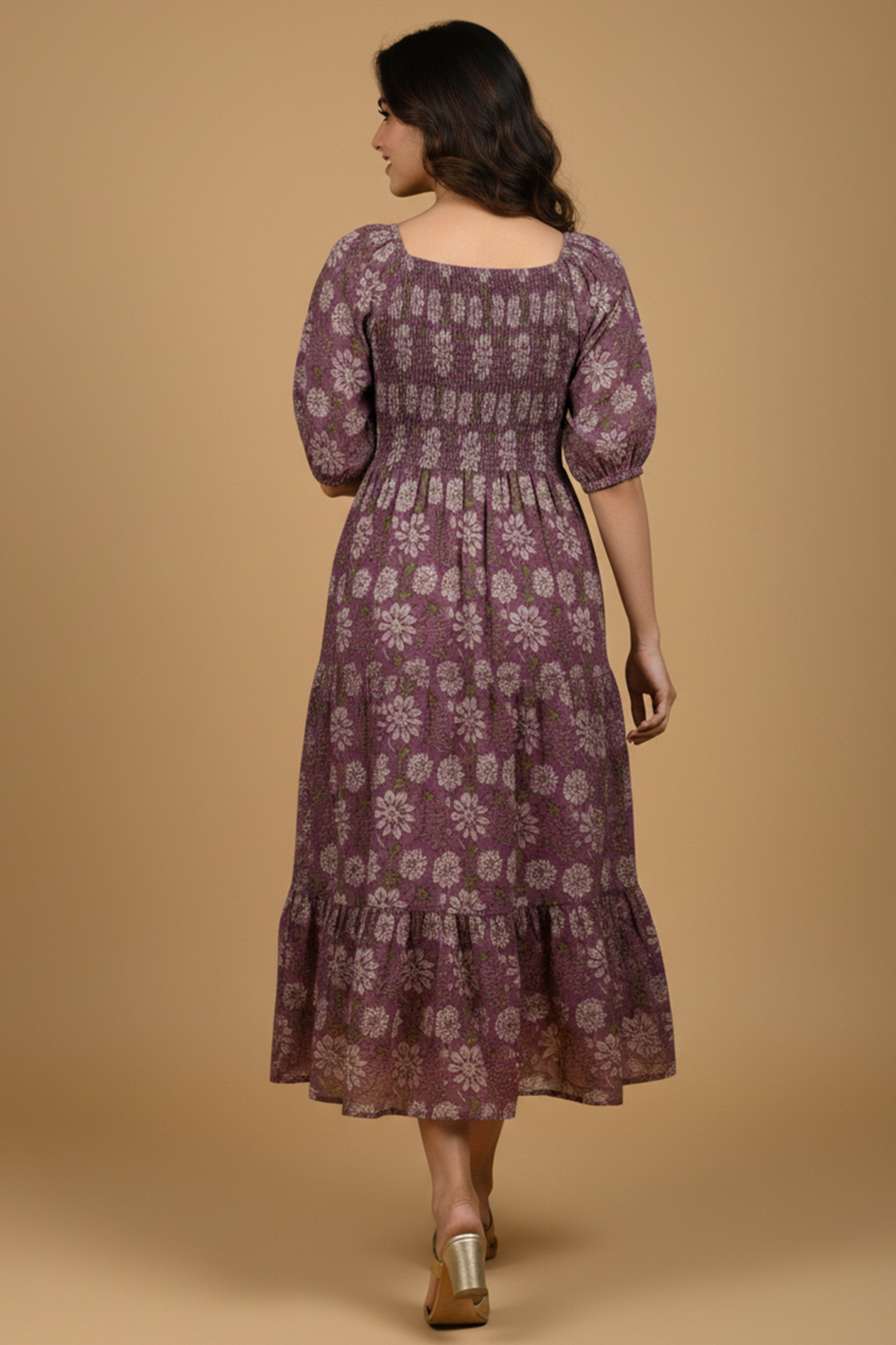 Dark Purple Floral Printed Pure Cotton Smoky Dress