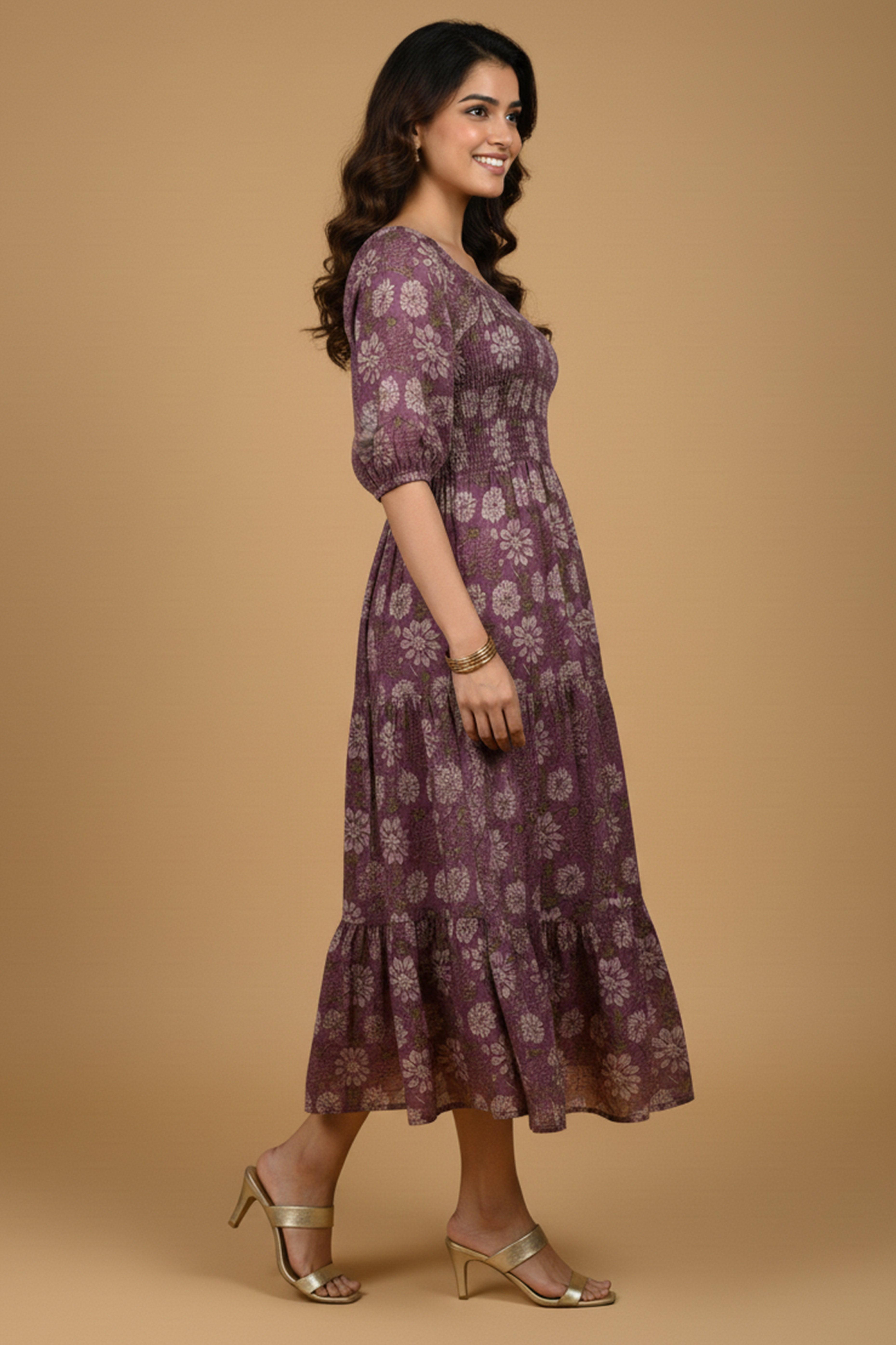 Dark Purple Floral Printed Pure Cotton Smoky Dress