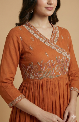 Orange Angrakha Style Mul Cotton Anarkali Suit Adorned with Intricate Floral Embroidery