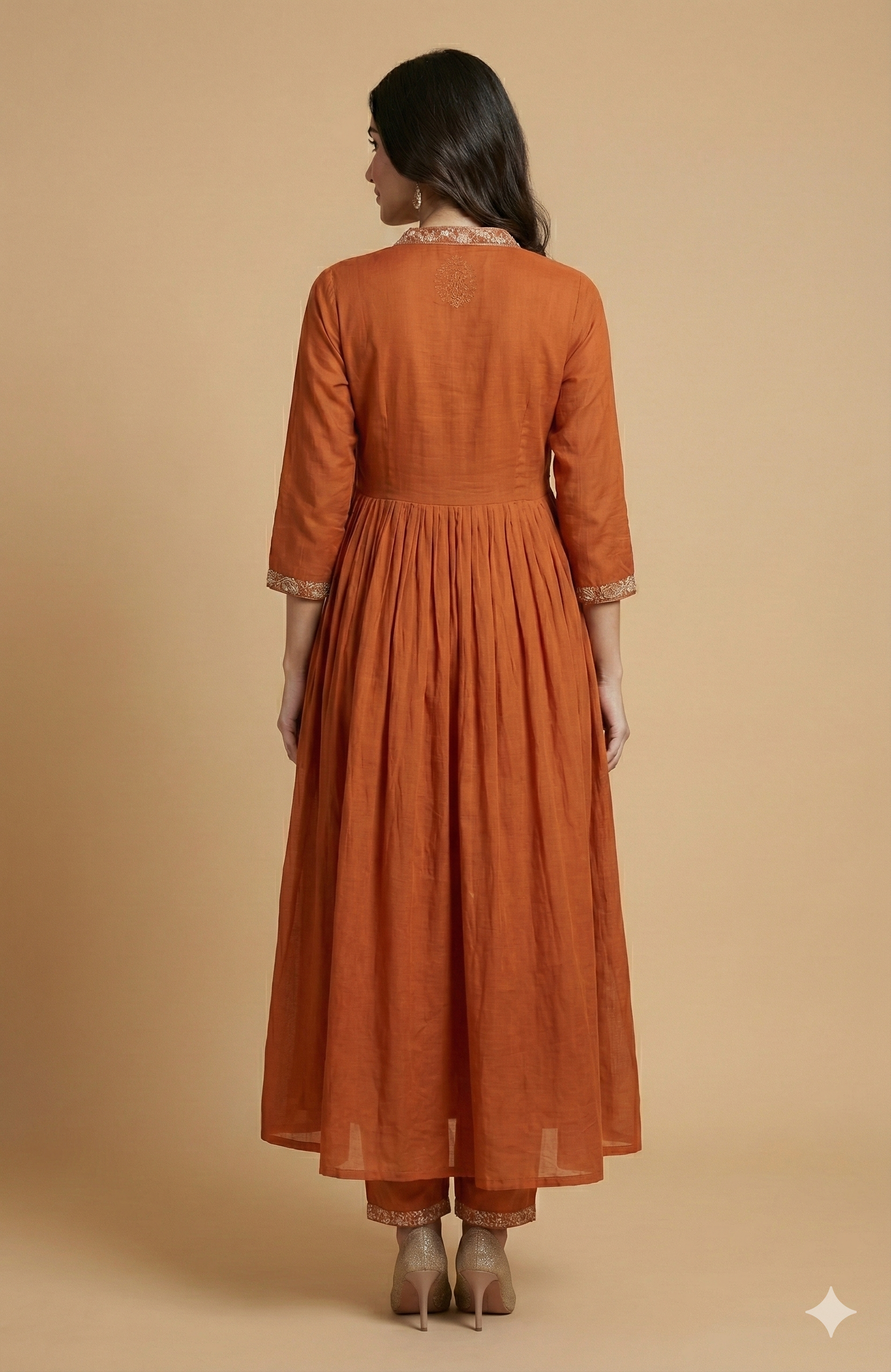 Orange Angrakha Style Mul Cotton Anarkali Suit Adorned with Intricate Floral Embroidery