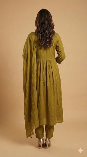 Graceful Olive Floral Embroidered Pure Cotton A-Line Salwar Suit for Ethnic Wear