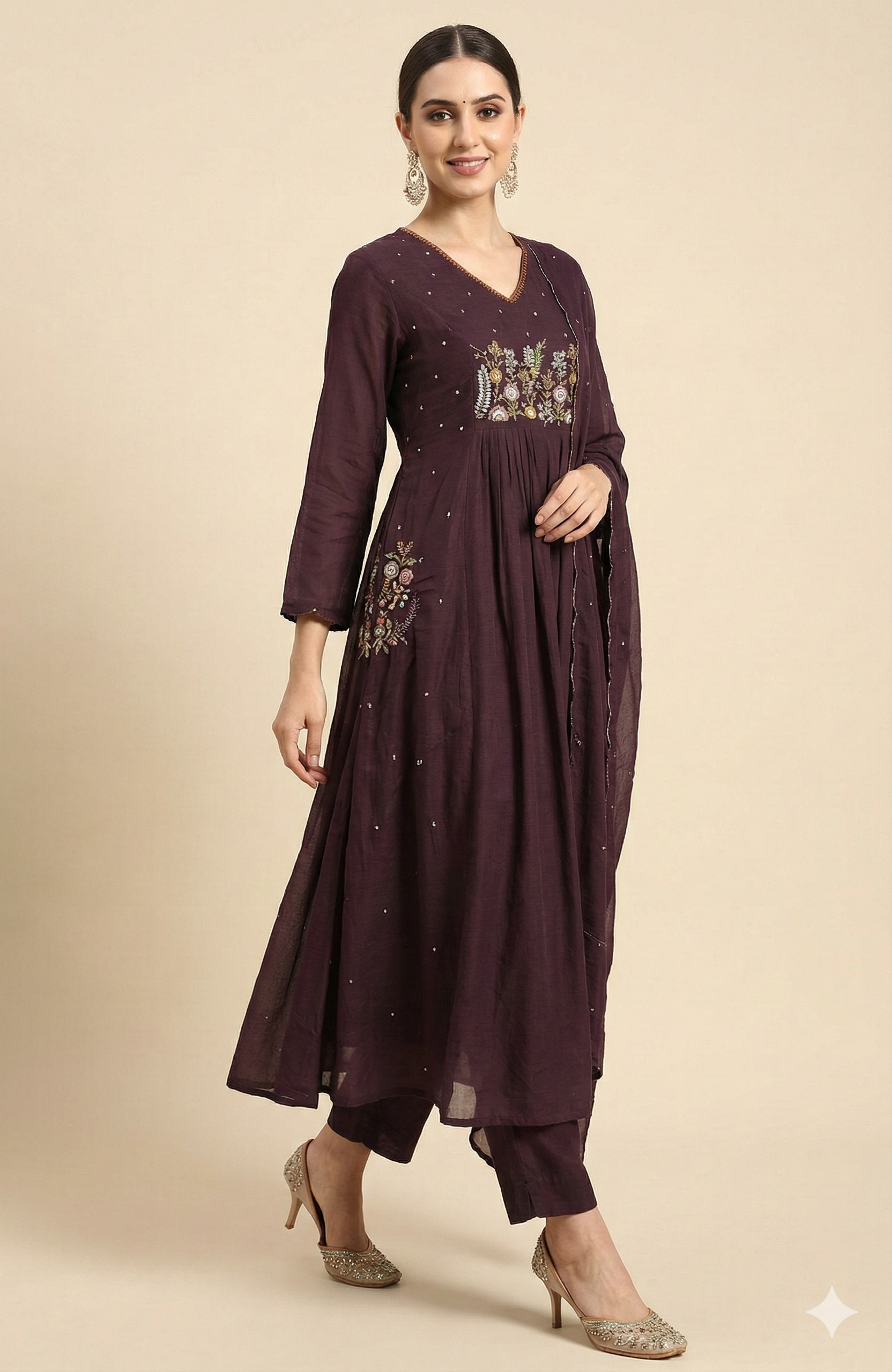 Graceful Wine Floral Embroidered Pure Cotton A-Line Salwar Suit for Ethnic Wear