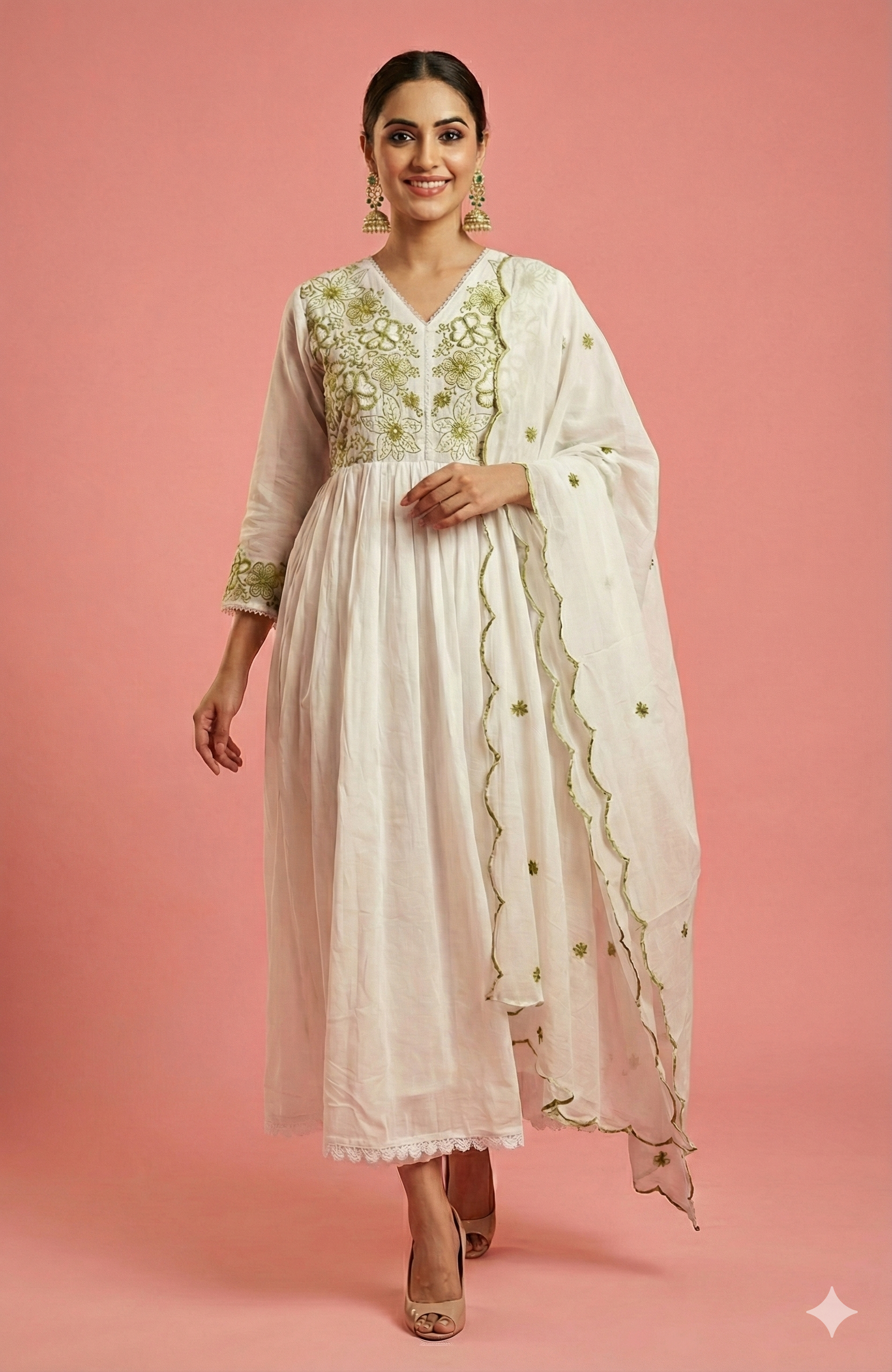 White & Green Anarkali Salwar Suit Crafted in Mul Cotton with Delicate Floral Embroidery