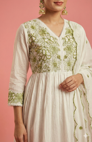 White & Green Anarkali Salwar Suit Crafted in Mul Cotton with Delicate Floral Embroidery