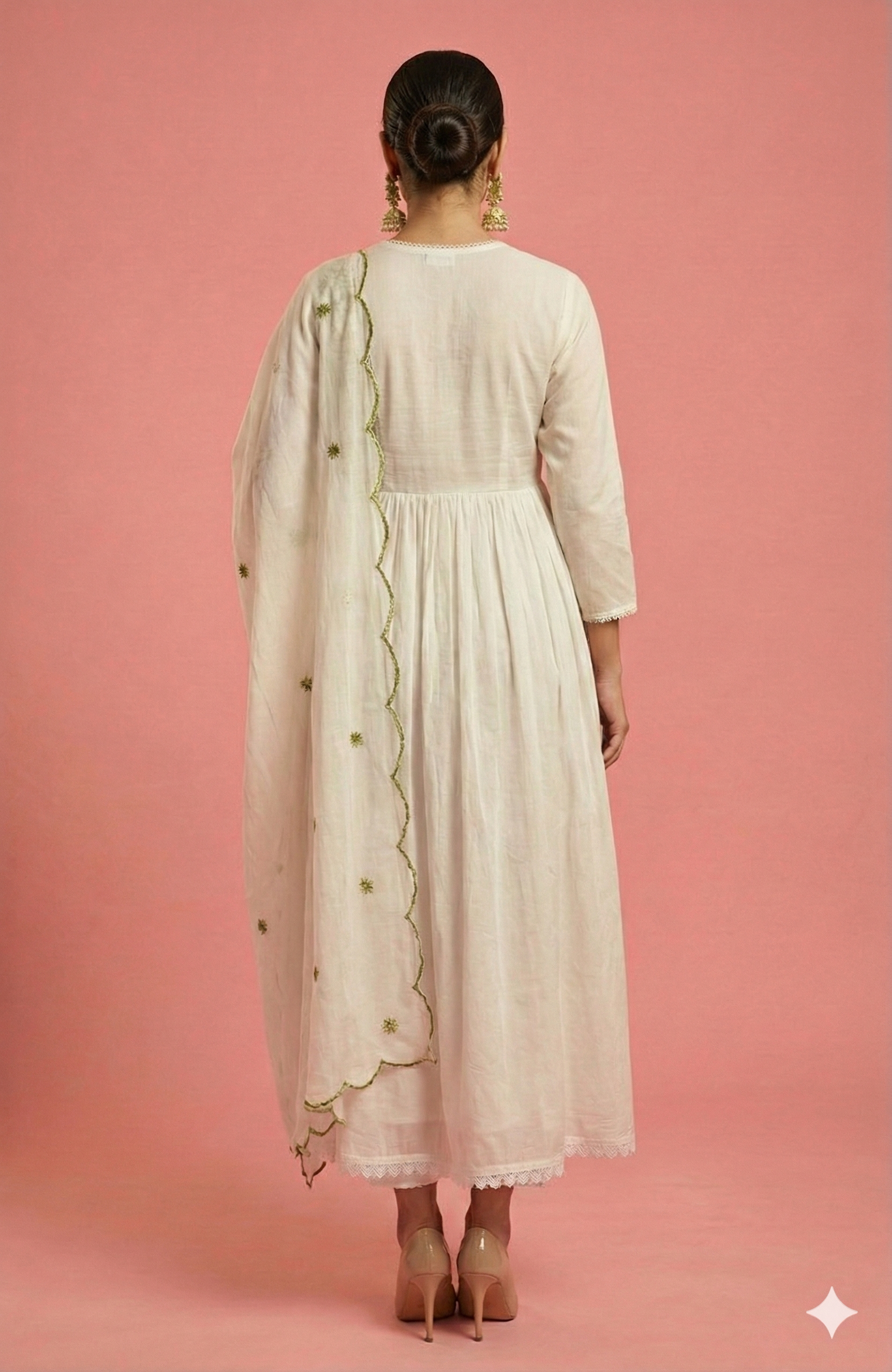 White & Green Anarkali Salwar Suit Crafted in Mul Cotton with Delicate Floral Embroidery