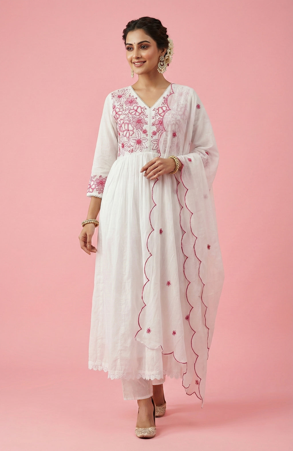 White & Pink Anarkali Salwar Suit Crafted in Mul Cotton with Delicate