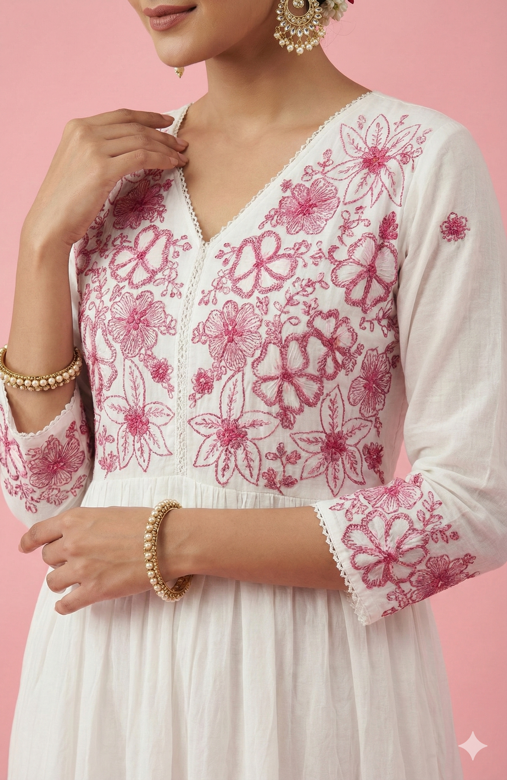 White & Pink Anarkali Salwar Suit Crafted in Mul Cotton with Delicate Floral Embroidery