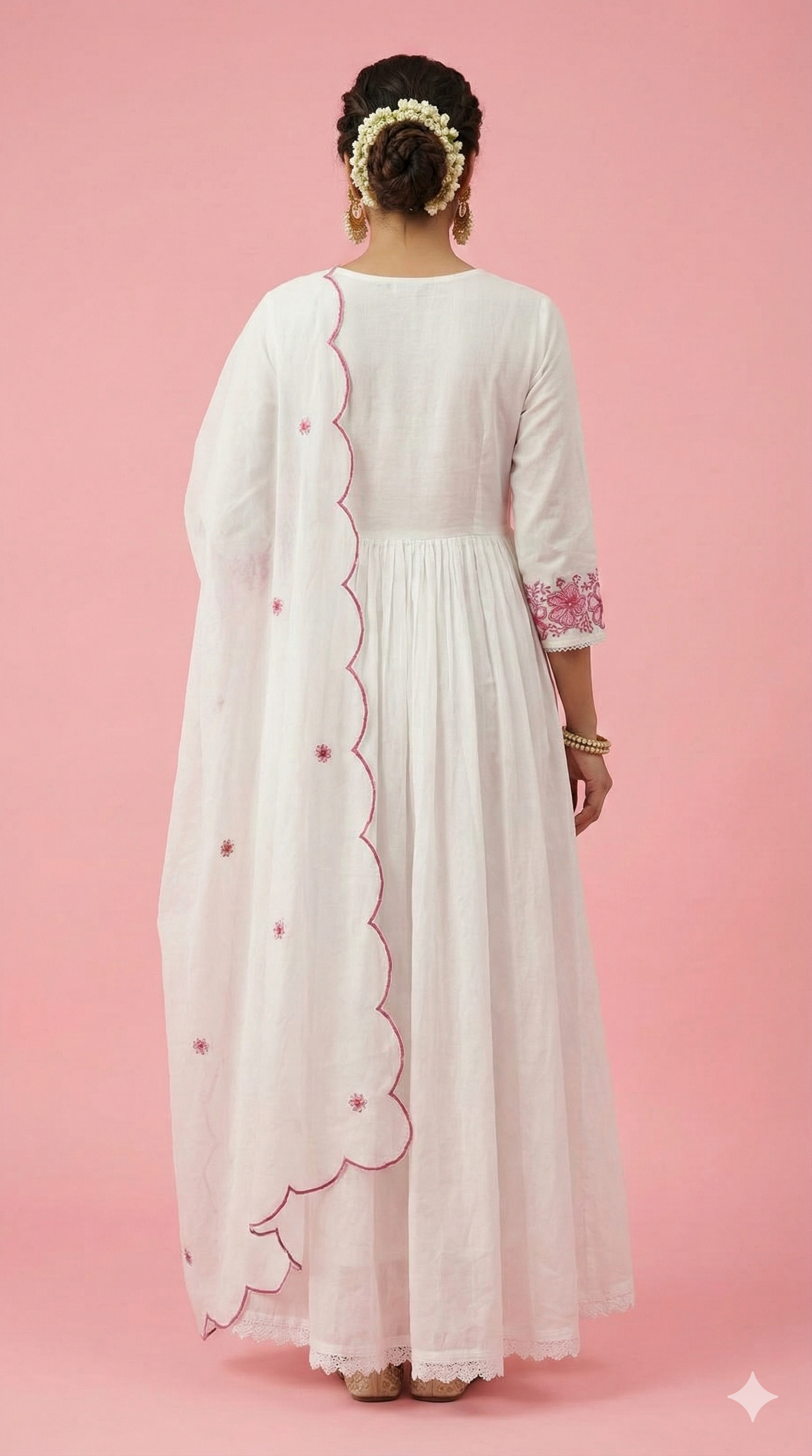 White & Pink Anarkali Salwar Suit Crafted in Mul Cotton with Delicate Floral Embroidery
