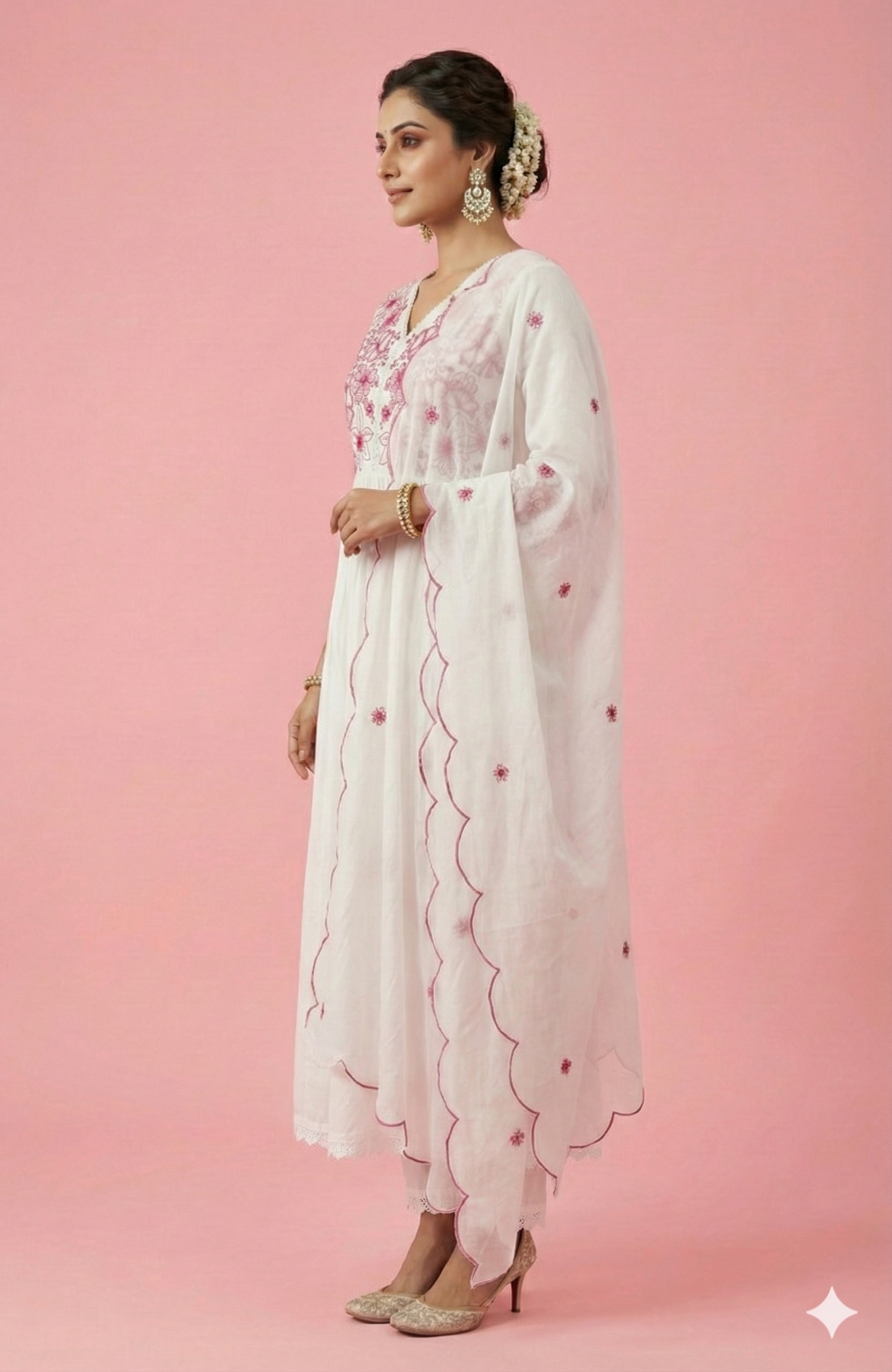 White & Pink Anarkali Salwar Suit Crafted in Mul Cotton with Delicate Floral Embroidery