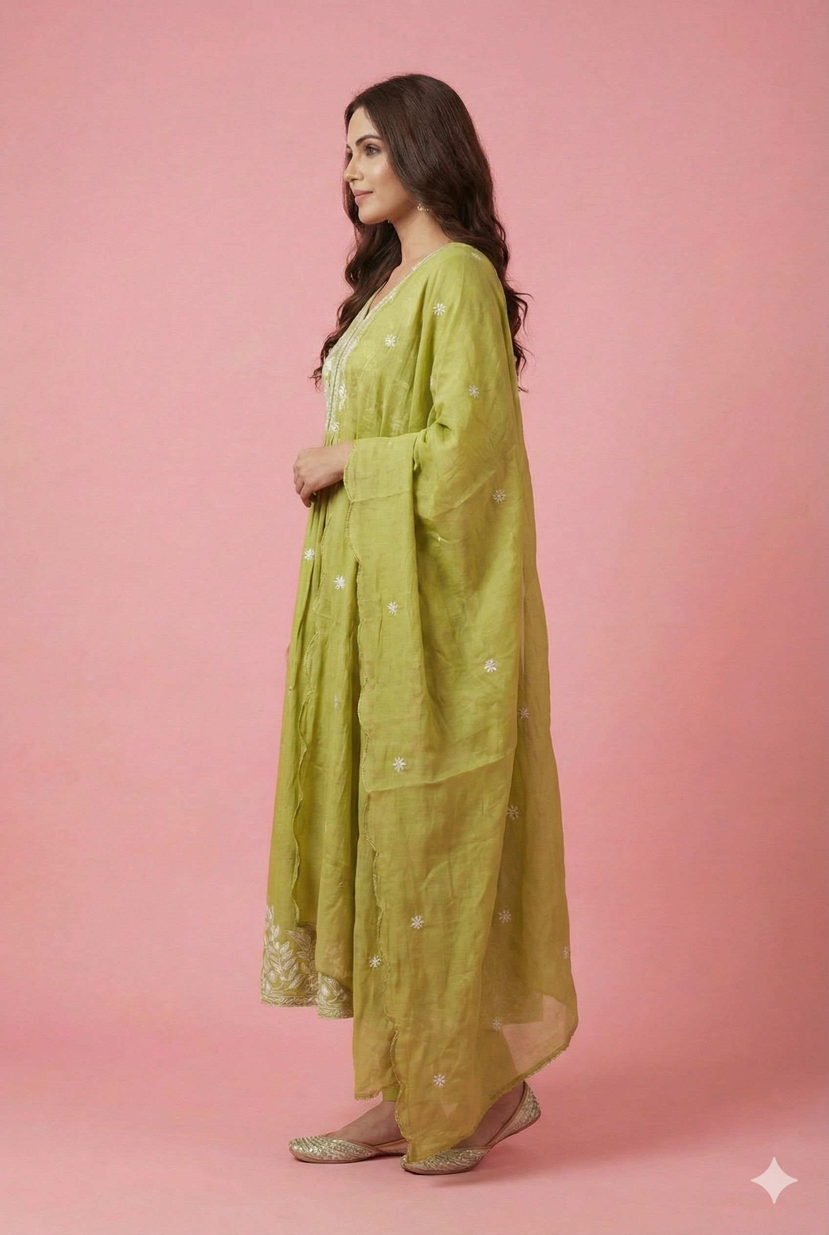 Green Cotton Anarkali Salwar Suit for Women with Floral Embroidery